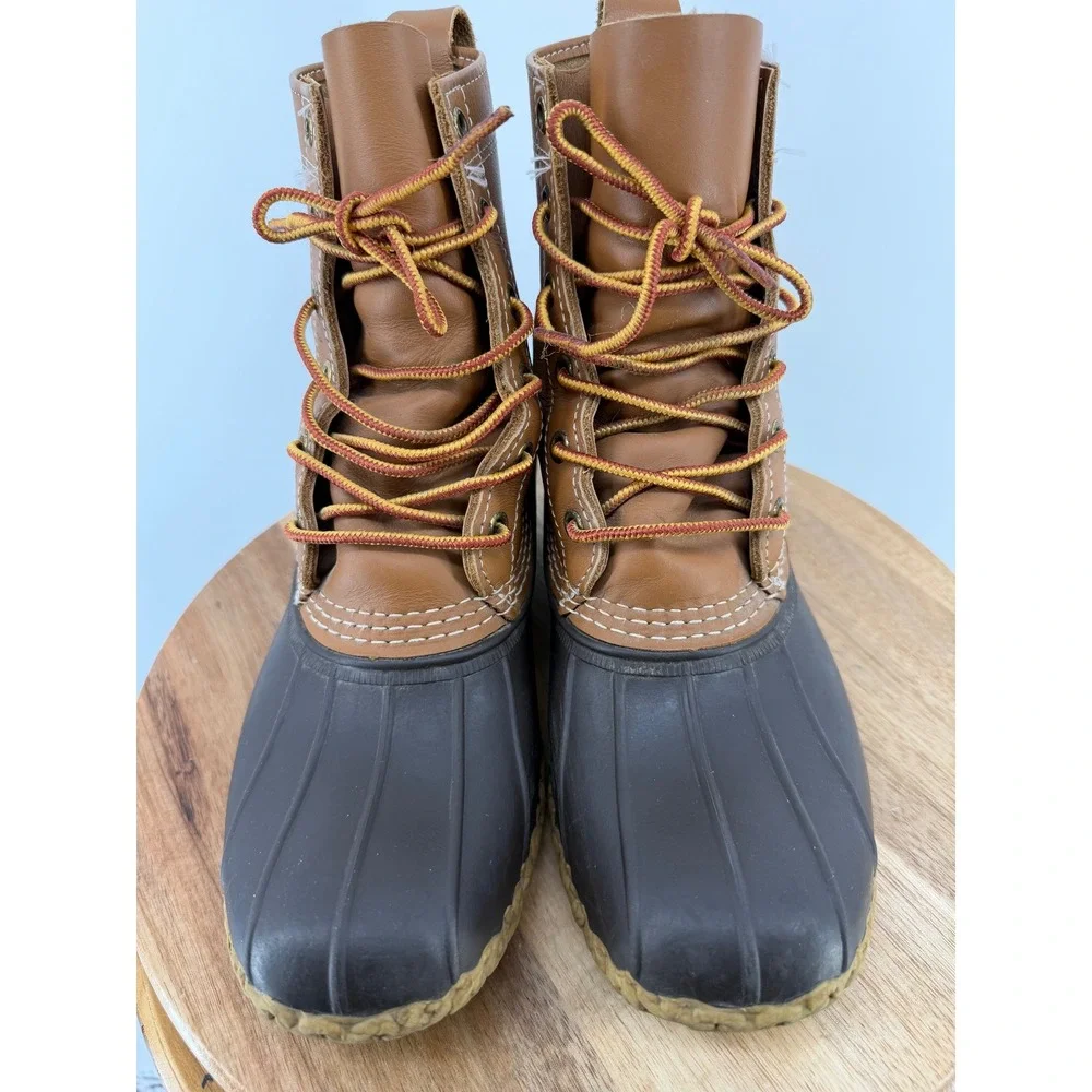 LL Bean Womens 8 Bean Boots Tan Brown Leather Rubber Duck Boots Made in USA